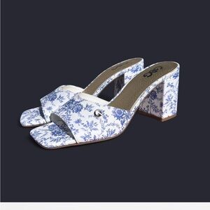 Blue and White Block Heel Mules with Cross-Strap Design